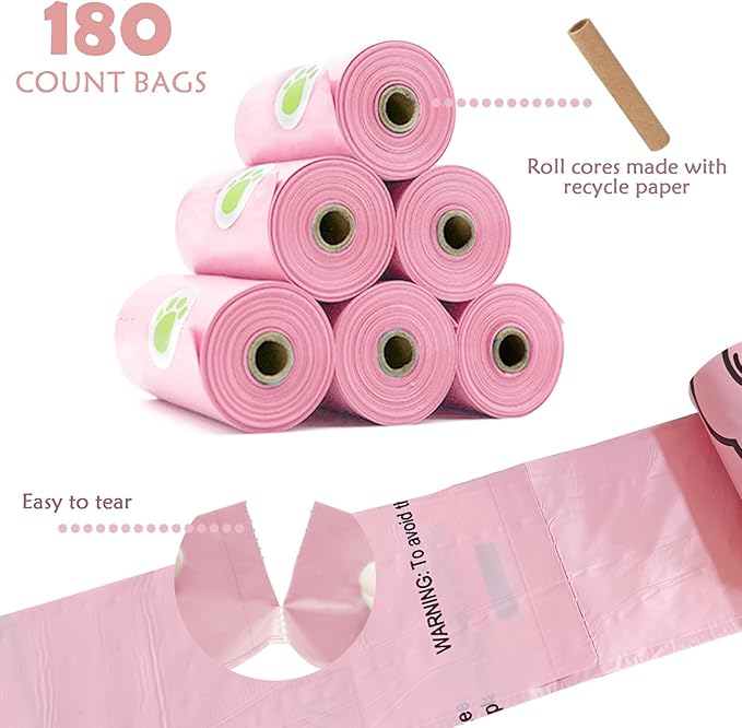 Dog Poop Bags Holder with LED Flashlight|Pet Waste Bags Dispenser for Leash|Doggie Potty Bags Container with Leak-proof Pet Trash Bags and Accessories (Pink)