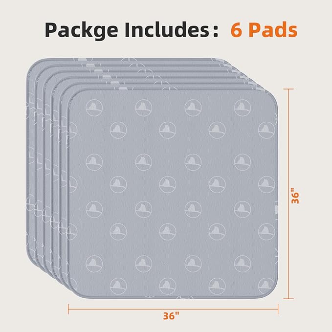 PJYuCien Washable Pee Pads for Dogs 6 Pack, 36" x 36" Non-Slip and Leak-Proof Pee Mat, Puppy Training Pads for Whelping, Playpen, Crate, Bed (Grey)