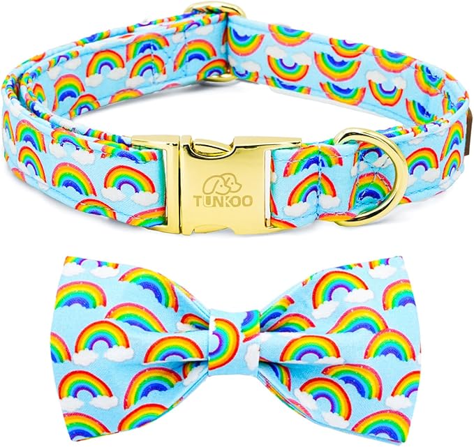 Tunkoo Pride Dog Collar with Rainbow Bow Tie for LGBTQ, Metal Buckle Pet Collar Adjustable Cotton Collar for Small Medium Large Boys Girls Dogs, S