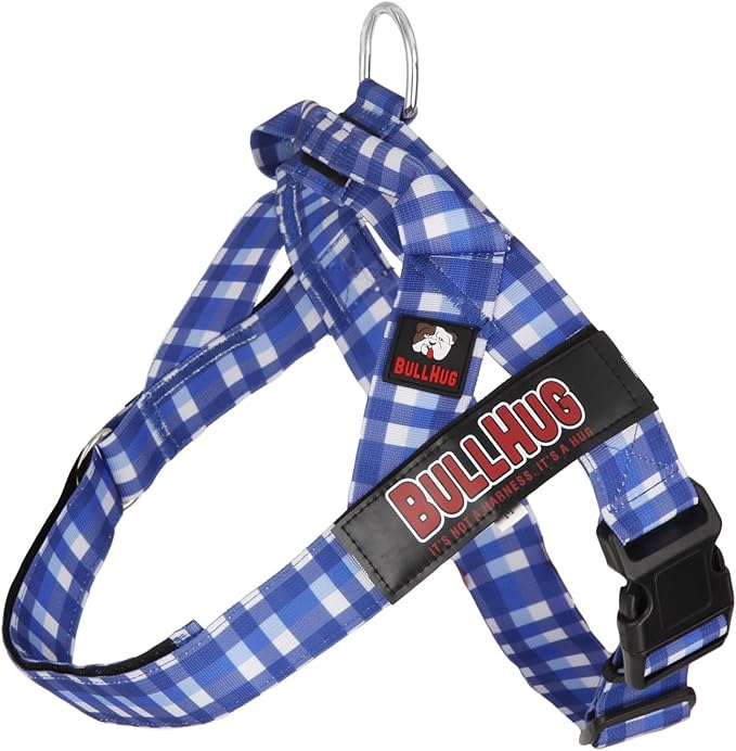 BULLHUG Adjustable Dog Harness– No Pull, No Choke – for English Bulldogs, French Bulldogs, Pugs & Broad-Chested Breeds – Easy, Safe Walks (BLUEWHITE, Large)