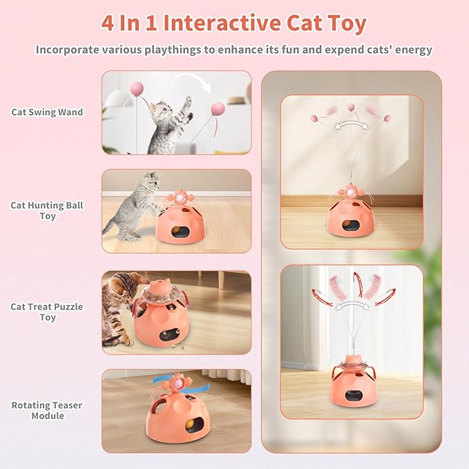 Interactive Cat Toy for Indoor Cats, 4-in-1 Modular Design with Cat Treats Puzzle Slow Feeder, Teaser Wand, Ball Maze & Spinning Ball | Kitten Enrichment Toys for Indoor