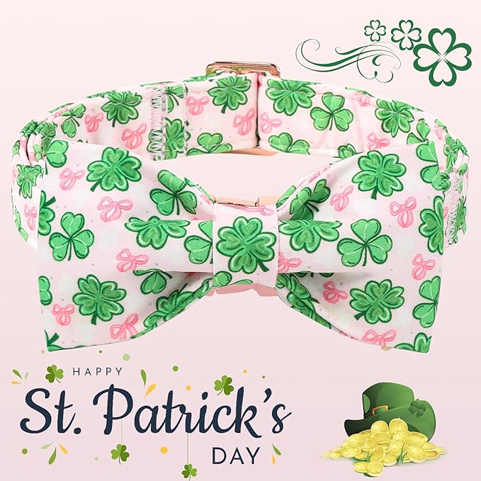 DOGWONG St. Patrick's Day Shamrock Dog Collar with Bow,Pink Green Four Leaf Clover Pattern Dog Collar, Adjustable Durable Soft Collars Irish Gift for Male Female Dogs,S