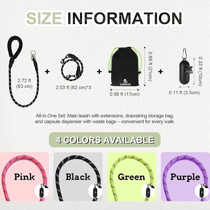 No Tangle 3 Dog Leash -Main Lead Rope with Padded Handle, Three Detachable Leash Splitters, Heavy-Duty Clip, 4.76ft for Walking, Running, Small, Medium, Large Dogs (Green)