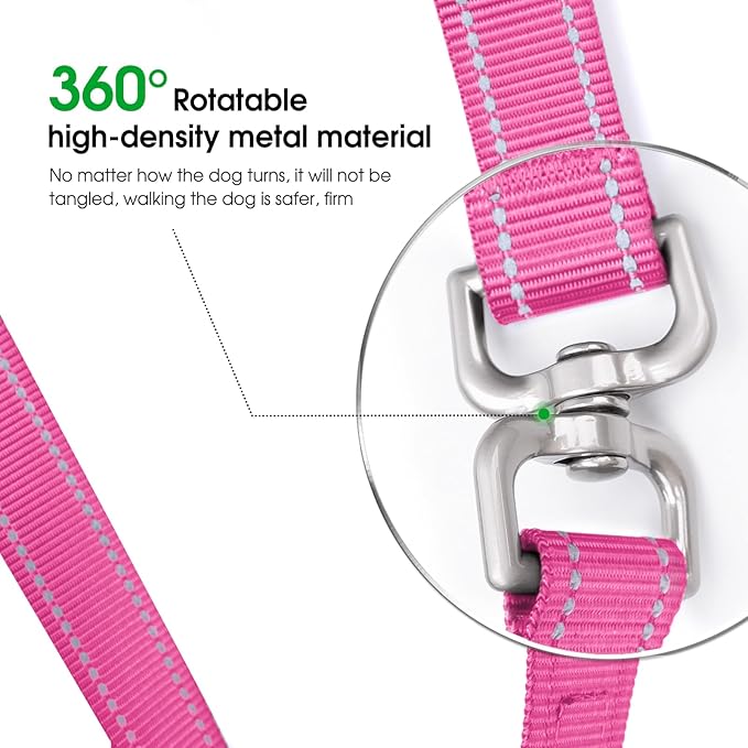 Hands-Free Dog Leash, Heavy Duty No-Pull Training Lead w/Anti-Tangle, Double Padded Traffic Handles Adjustable 5.5-6.2FT & Reflective Thread for Medium Large Dogs for Running/Walking Pink