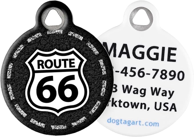 Dog Tag Art Route 66 Personalized Pet ID Tag for Dogs and Cats, Silent Polymer Coated Stainless Steel Nametag with Customized Identification Information - Small .875" Diameter