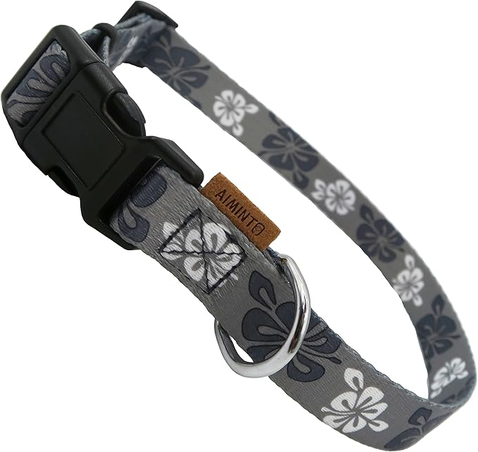 Dog Collar, Cute Floral Pattern, Soft and Adjustable Collar with Quick Release Buckle (L (Neck 16-28", Width 1"), Hawaiian Grey)