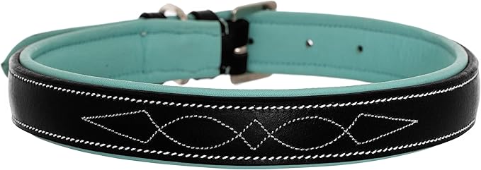 Exion Geniun Leather Dog Collar Designer Stitched Soft Leather Padded- Suitable for Small Medium Large X-Large Dogs for Walking Running- Black with Sky Blue Padding