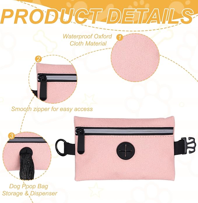 Dog Poop Bag Holder, Pet Waste Bag Dispenser Dog Treat Pouch with Zipper Oxford Cloth Portable Reusable Easy Cleanup(2Pcs, Pink), Intended for Outdoor/Travel/Walking
