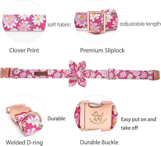 Elegant Little Tail Girl Dog Collar with Flowers - Pink Floral Pattern, Adjustable for Medium Dogs