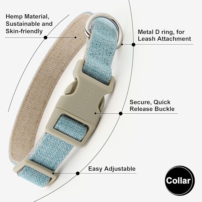 Plutus Pet Cotton Hemp Dog Collar and Leash Set, Adjustable Collar for Small, Medium, and Large Dogs, Heavy Duty and Soft on Skin, Light Blue, L