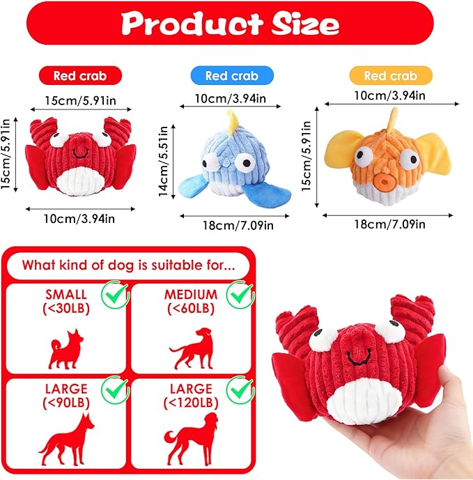 Squeak Dog Toys for Aggressive Chewers, No Stuffing Squeak Dog Chew Toys for Aggressive Chewers, Interactive Dog Toy Ball with Crinkle Paper for Medium Dogs, Large & Small Breeds (E-Crab+Fish)