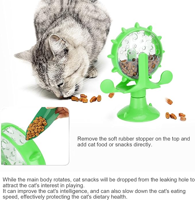 GLOGLOW Cat Food Leakage Toy, Windmill Treat Dispensing Cat Puzzle Food Interactive Toy Kitten Slow Feeder Snacks Distribution with Powerful Suction Cup(Green)