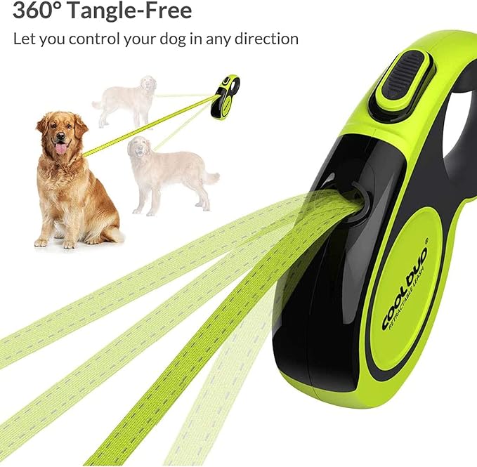Retractable Dog Leash, No Tangles, 16ft Heavy Duty Pet Walking Leash with Anti-Slip Handle for Small Dog or Cat, Strong Reflective Nylon Tape, One-Handed Brake, Pause, Lock (Green,Small)