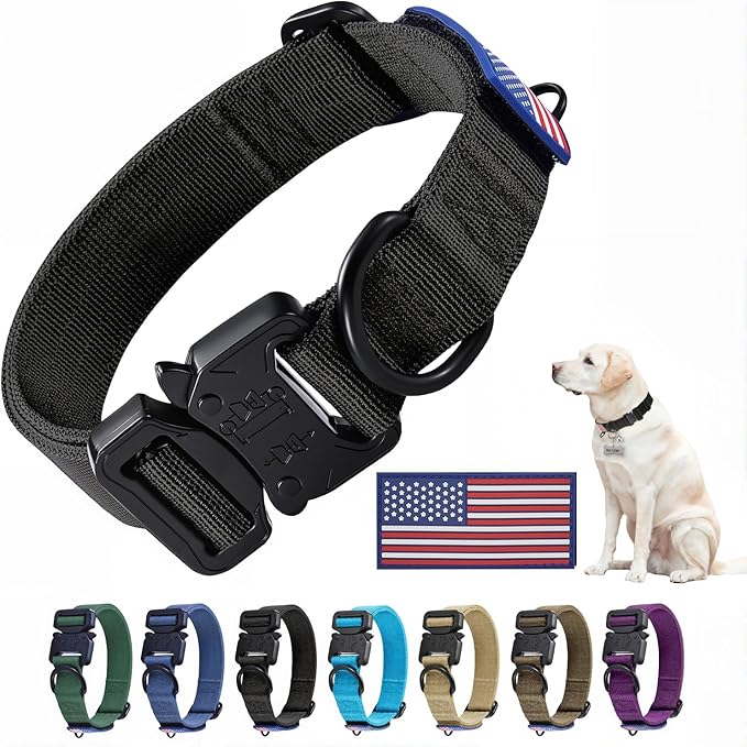 Heavy Duty Tactical Dog Collar Adjustable Nylon Pet Collars Quick Release Buckle with 2 D-Rings Patch for Medium, Large Dogs (Black, Size L)