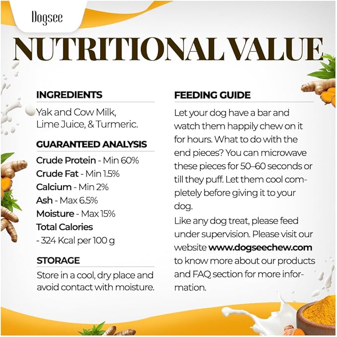 Dogsee Himalayan Yak Chews with Turmeric/Curcumin (Medium - 4 Chews) | Yak Chews for Large Dogs | Dog Treats | Helps Joint Pain | Rawhide-Free