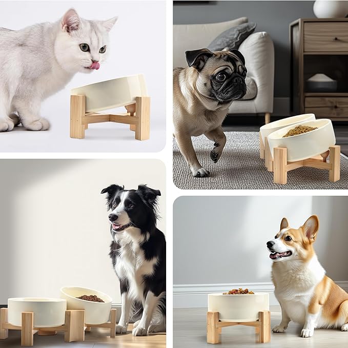 SPUNKYJUNKY 15° Slanted Ceramic Dog and Cat Bowl with Wooden Stand, Tilted Bulldog Food and Water Bowl No Slip Non-Spill for Cats Medium Dogs Big Face Pets 28.7 OZ (3.6 Cups, Beige)