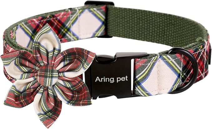 ARING PET Christmas Dog Collar, Cute Xmas Red Green Plaid Detachable Flower Pet Collar with Metal Buckle for Puppy Small Medium Large Boy Girl Dog-L