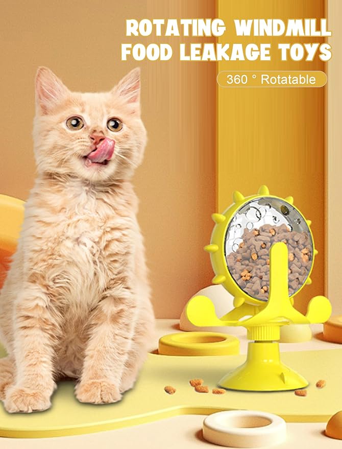 GLOGLOW Cat Food Leakage Toy, Windmill Treat Dispensing Cat Puzzle Interactive Feeder for Kitten Puppy Slow Eating Suction Cup Playtime Indoor Enrichment Training Reward
