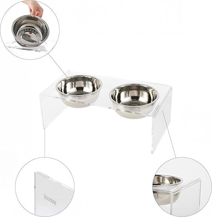 The LICKER Store DBL2001A Keaton 7.5" Medium/Large Modern Lucite Rectangular Elevated Pet Feeder with 54oz 2-Stainless Steel Bowls, Clear/Chrome