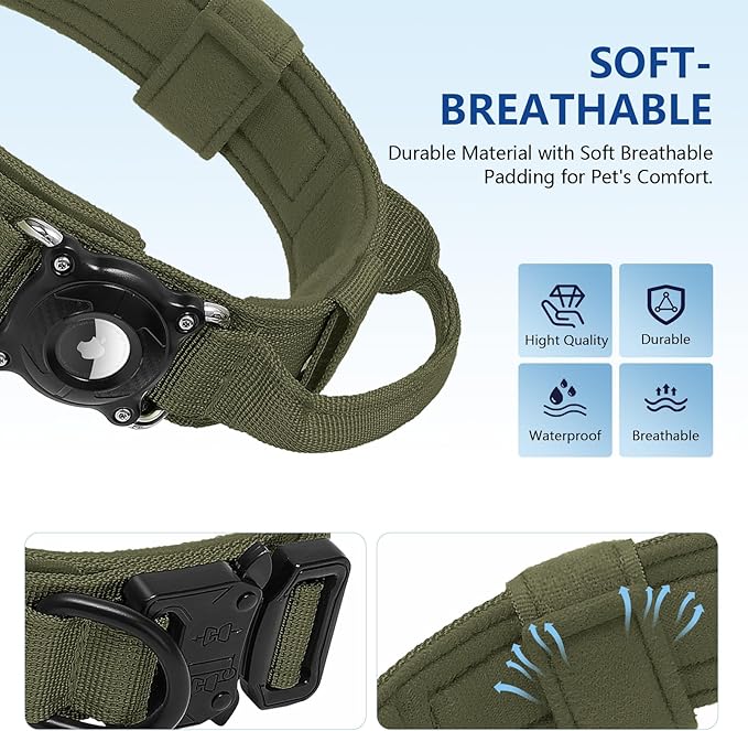 QR Code & AirTag Tactical Dog Collar, Waterproof AirTag Holder with Smart ID Tag, No-App Online Profile for Lost Pet, Padded Adjustable for Medium Large Dogs (Green,XL)