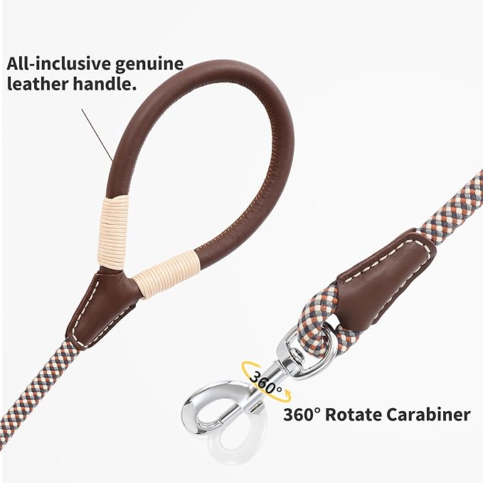 Mile High Life Genuine Leather Wrapped Handle Dog Leash, w Heavy Duty Clasp Rope Leash for Small Medium Large Dogs (Brown, 4FT)