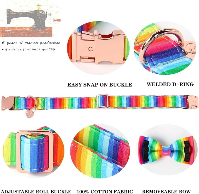 DOGWONG Rainbow Dog Collar with Pretty Bow Tie for LGBT Pride Month - Adjustable and Comfortable Collar for Large Medium Small Dog,XS