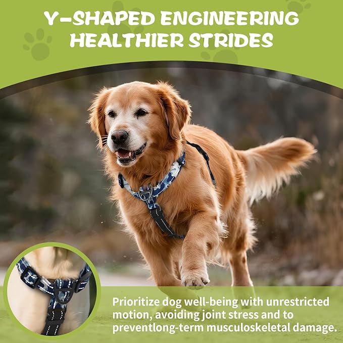Dog Harness,Adjustable No Pull Dog Harness,Y-Shaped Design,Buckle-Neck Balance Harness with Reflective, Ideal for Dog Training Hiking, Easy Walk Harness,Durable High-Tensile Nylon Blue Camo-M