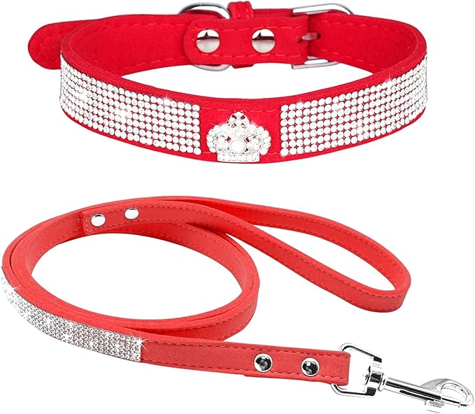 Cute Dazzling Sparkling Elegant Fancy Soft Suede Leather Bling Rhinestone Crystal Jeweled Pet Cat Dog Puppy Collar Dog Leash Combo Set (S(Neck 10-12.5"), Red-4)