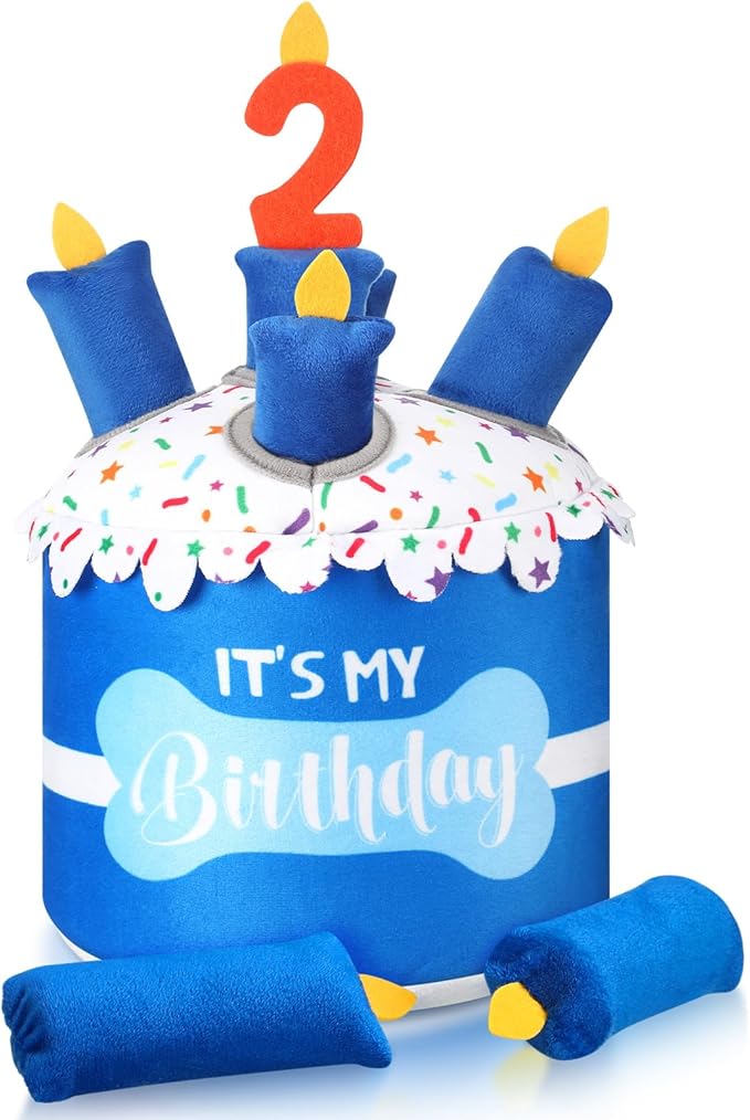 Dog 2nd Birthday Cake Toy Squeaky Interactive Dog Toy Hide and Seek Plush Dogs Puzzle Puppy Toys for Boredom Keep Them Busy for Small Medium Dogs(Blue)
