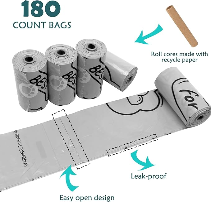 Dog Poop Bags Holder with LED Flashlight|Pet Waste Bags Dispenser for Leash|Doggie Potty Bags Container with Leak-proof Pet Trash Bags and Accessories (180 Bags, Grey)