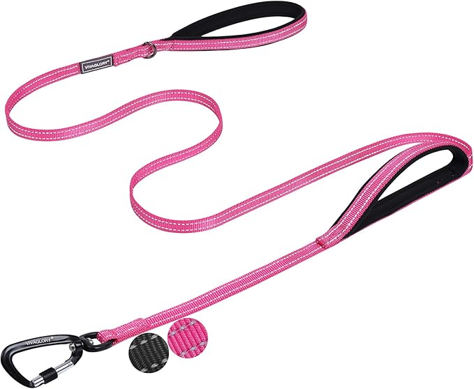VIVAGLORY Dog Leash Lighthook Double Handle Dog Leash with Traffic Handle & Locking Carabiner for Walking & Training, Traffic Control Lightweight Carabiner for Puppy Pet, 5ft x 1/2in, Pink