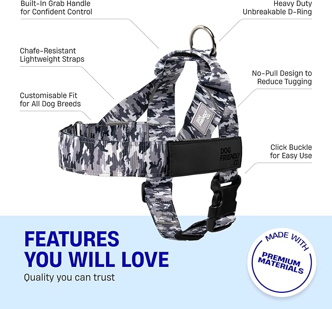 DF Co. Dog Harness | Chafe Resistant Webbing, Adjustable Neck & Chest, and Heavy Duty D-Ring | Sturdy, Comfortable, Easy to Use | Grey Camo, Size M
