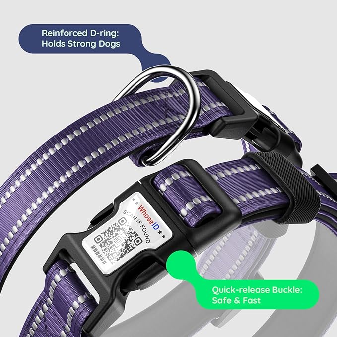 Airtag Dog Collar, Reflective Ultra-Durable Nylon Padded with QR Code Buckle & IP68 Waterproof Air Tag Holder Compatible for Apple AirTag, Comfortable for Small Medium Large Dogs(Purple,L)