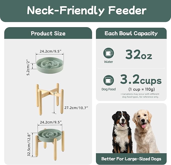 Ceramic 3.2 Cup Raised Slow Feeder Dog Bowl Set, Elevated Bowl with Wooden Stand for Large Dog, 9.5inch Puzzle Slow Pet Food Dish, Anti-Gulping(Light Green, Single Bowl+ Stand)