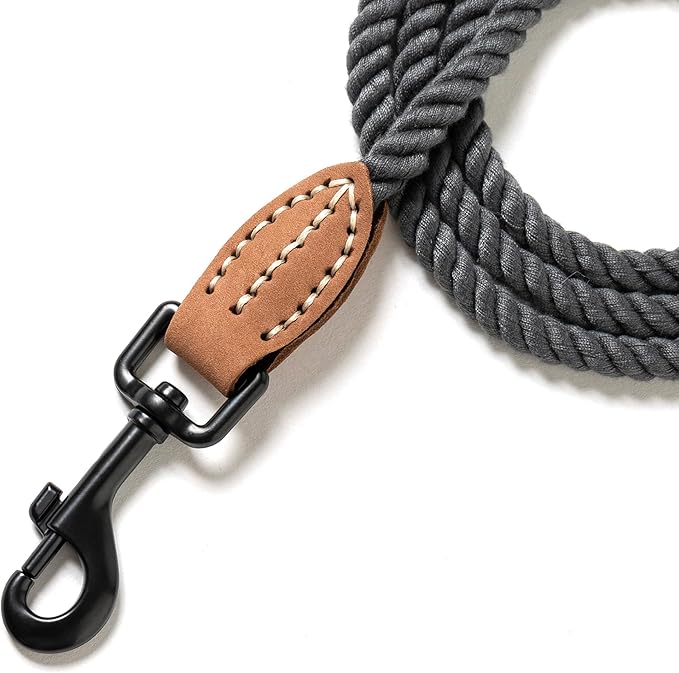 Mile High Life Dog Leash, Braided Cotton Rope Leashes with Leather Tip - Heavy Duty Metal Clasp, 5FT, 1/3" Thick - Wedding, Walking Leash for Small Medium Dogs(Dark Gray)