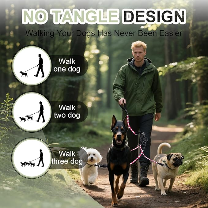 No Tangle 3 Dog Leash - Main Lead Rope with Padded Handle, Three Detachable Leash Splitters, Heavy-Duty Clip, 4.76ft for Walking, Running, Small, Medium, Large Dogs (Pink)