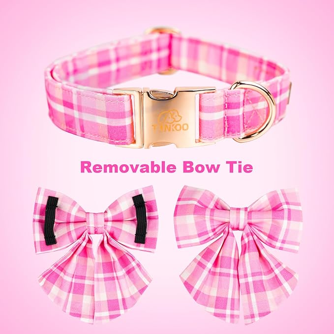 Tunkoo Elegant Pink Plaid Dog Collar with Bow Tie - Durable Adjustable and Stylish Cotton Pet Collar for Girls Small Medium Large, L