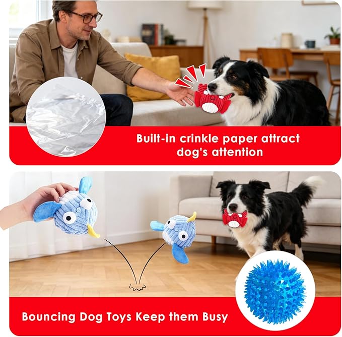 Squeak Dog Toys For Aggressive Chewers, Interactive Dog Toy Ball With Crinkle Paper, No Stuffing, Perfect For Medium Dogs, Large & Small Breeds (C-Yellow Fish)