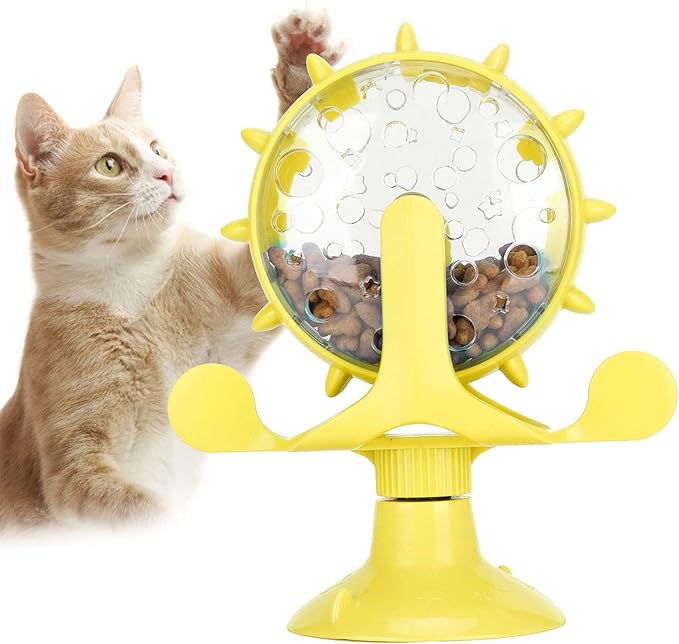 Interactive Cat Food Treats Dispenser Toy, Pet Slow Feeder Feed Training Toy Cat Windmill Toy Dog Food Dispenser, 360° Rotating Windmill Suction Cup Toys for Educational Interactive Training (Yellow)