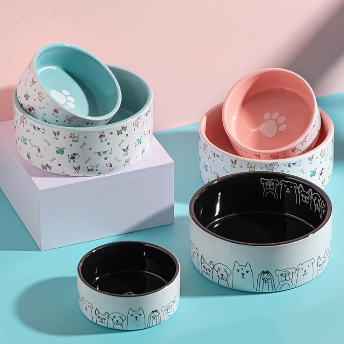 FE FUN ELEMENTS Ceramic Dog Bowls for Small Dogs, 16 Fl Oz Heavy Food and Water Bowl with Adorable Patterns (Small, Pink)