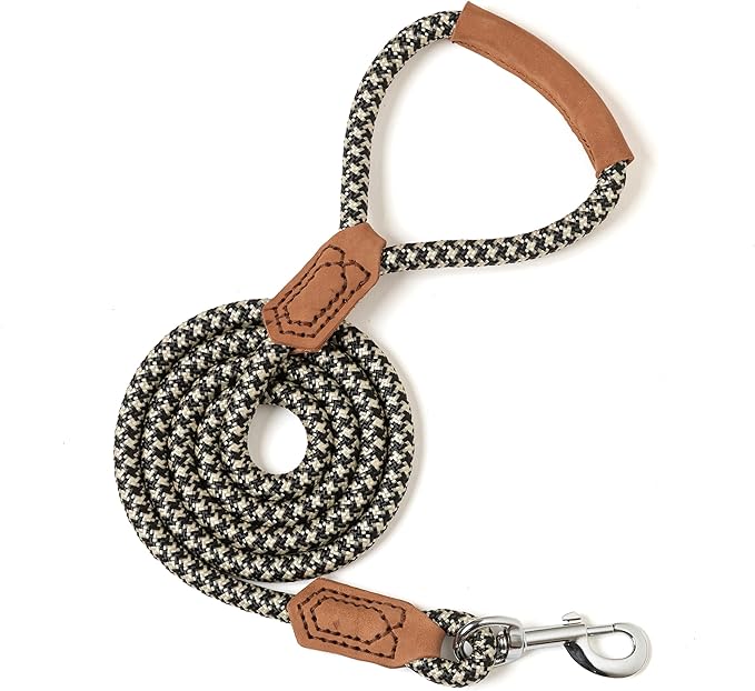 Mile High Life | Premium Leather Handle Dog Leash | Strong Rope Leash | Zinc Alloy Strong Clasp | Small Medium Large Dogs | 4/5/6 Feet(Black Khaki, 48 Inch (Pack of 1))