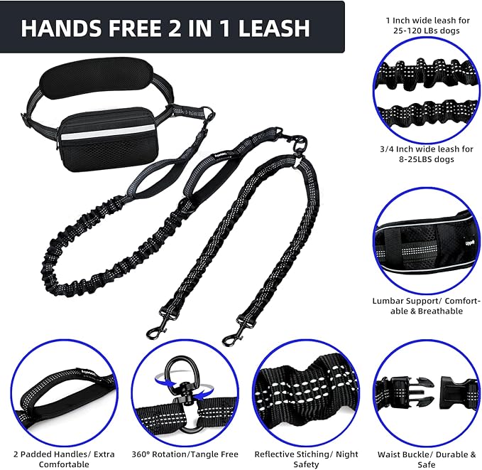 Hands Free Double Dog Leash with Pouch, Dual Leash for 2 Dogs with Reflective Padded Handles, Durable Bungee and Lumbar Waist Belt for Walking, Jogging and Running (Medium/Large, 25-120 lbs)