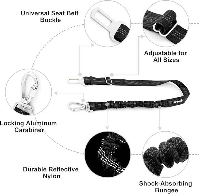 Dog Seat Belt for Car, Adjustable Dog Car Harness Seatbelt for Small Medium Large Dogs, Heavy Duty Travel Safety Restraint with Locking Aluminum Hook & Reflective Nylon Strap, Black