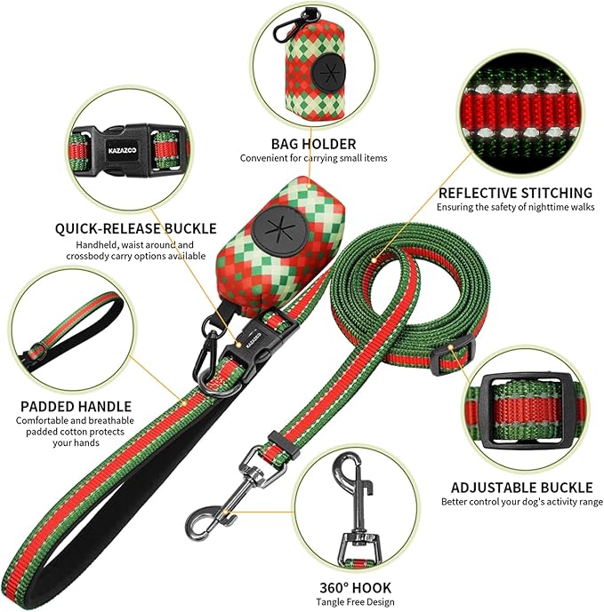 Kazazoo Hands-Free Dog Leash with Poop Bag Holder, Adjustable 4-7 Ft Waist for Dog Walking, Running for Small & Medium Dogs with Reflective Strips, Nylon Waist Belt，Red&Green