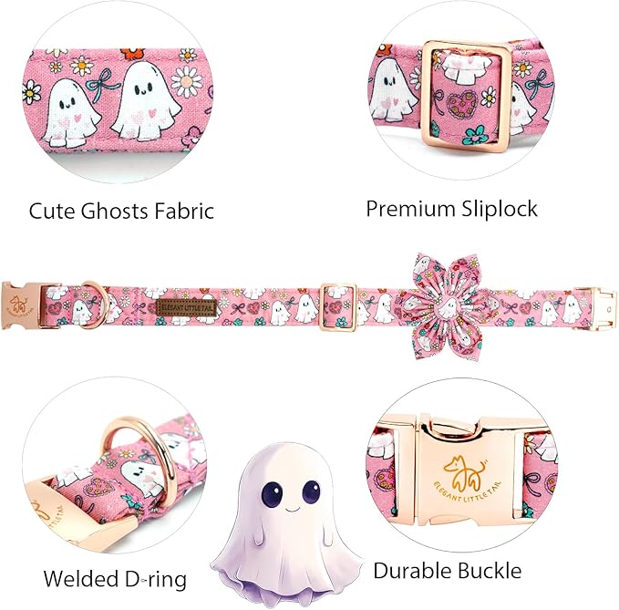 Elegant little tail Halloween Dog Collar, Pink Ghosts Print Dog Collar with Flower Puppy Collar Flower Female Cotton Adjustable Collars for Small Medium Large Dogs