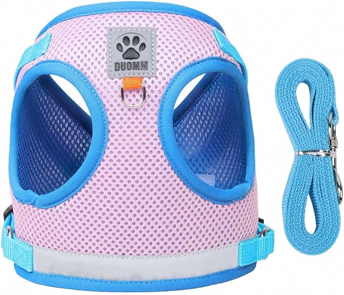 Dog Harness and Leash Set-No Pull No Choke Step-in Pet Harness for All Weather Lightweight Adjustable Cat Harness Breathable Soft Mesh Puppy Vest with Hook & Loop Fastener Buckles D-Rings-Blue+Pink-XS