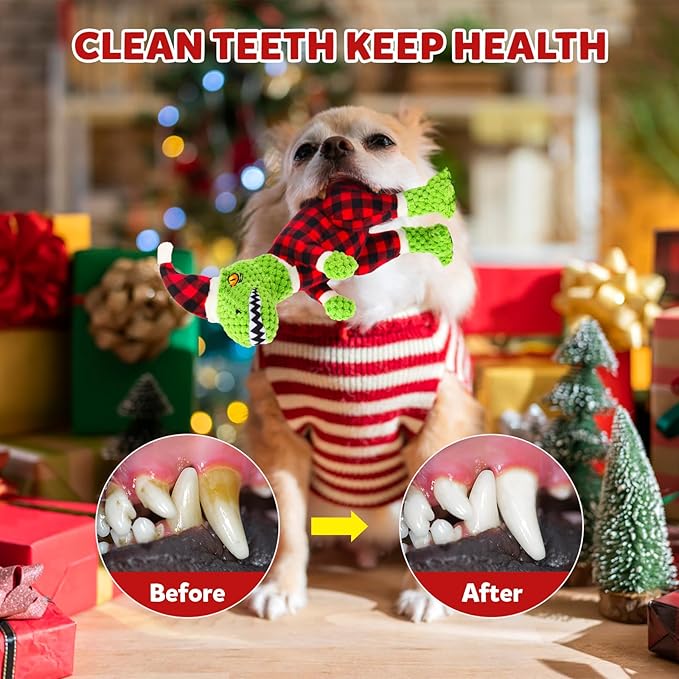 Christmas Dog Toys – Plush Reindeer & Snowman Holiday Set for Small and Medium Dogs, Soft Stuffed Chew Toys with Crinkle Ears, Festive Red Green Plaid, Cute Stocking Stuffer Gift
