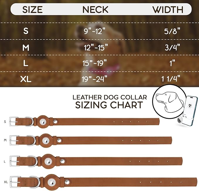 Leather Dog Collar with Airtag Holder - Apple Air Tag Dog Collars - Soft Tracking GPS Pet Collar for Small Medium Large Dogs Breed Puppy (Brown, L, 15"-19" Neck Fit)
