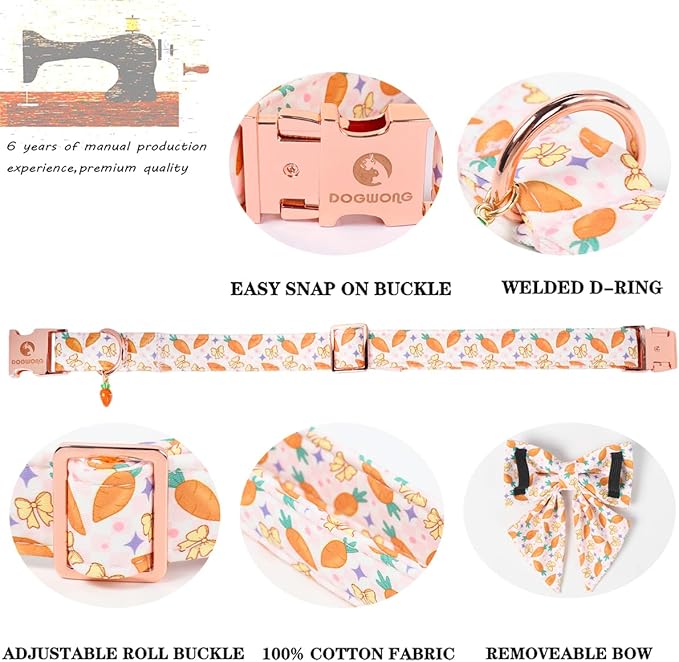 DOGWONG Easer Dog Collar with Sailor Bow,Pink Easter Dog Collar, Adjustable Durable Soft Carrot Easter Dog Collars for Male Female Puppy,L
