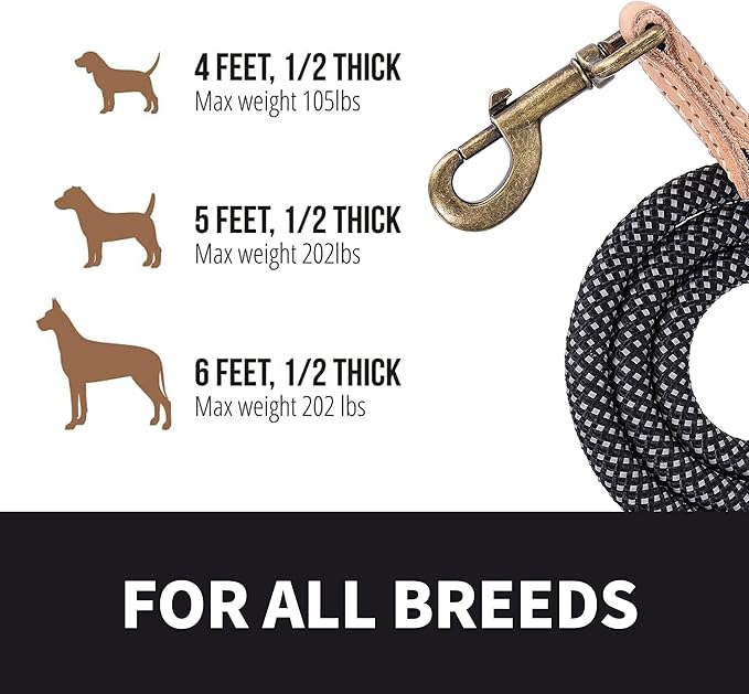 Mile High Life Dog Rope Leash 4 FT with Genuine Leather Tip, Reflective Rope Leash for Medium Large Dogs (Black, 48 Inch)